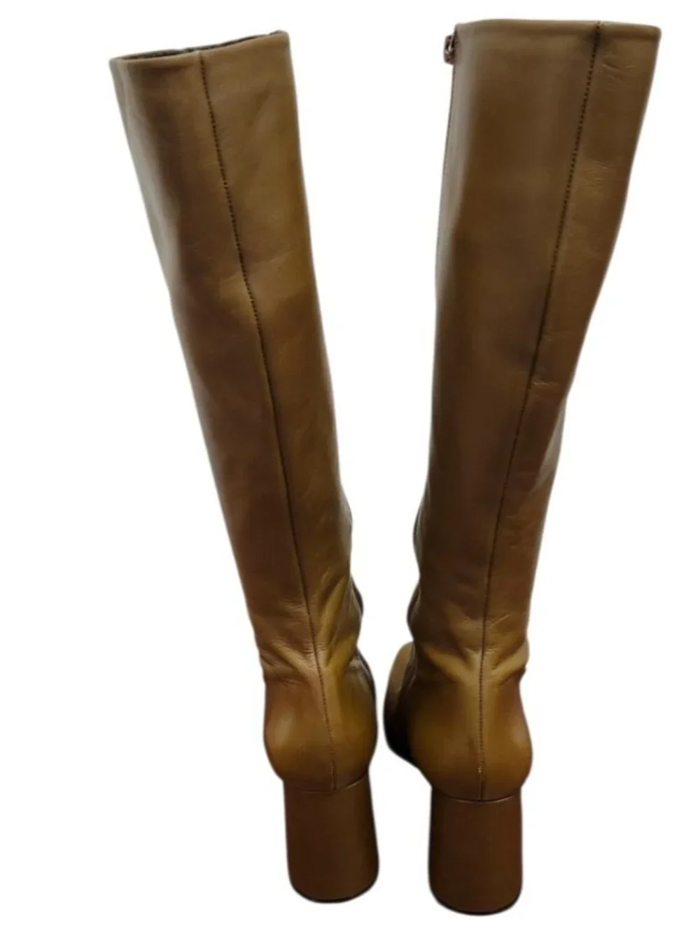 ZARA Camel Brown Leather Knee High Boots Block Heel Square Toe Women's EU 40US 9